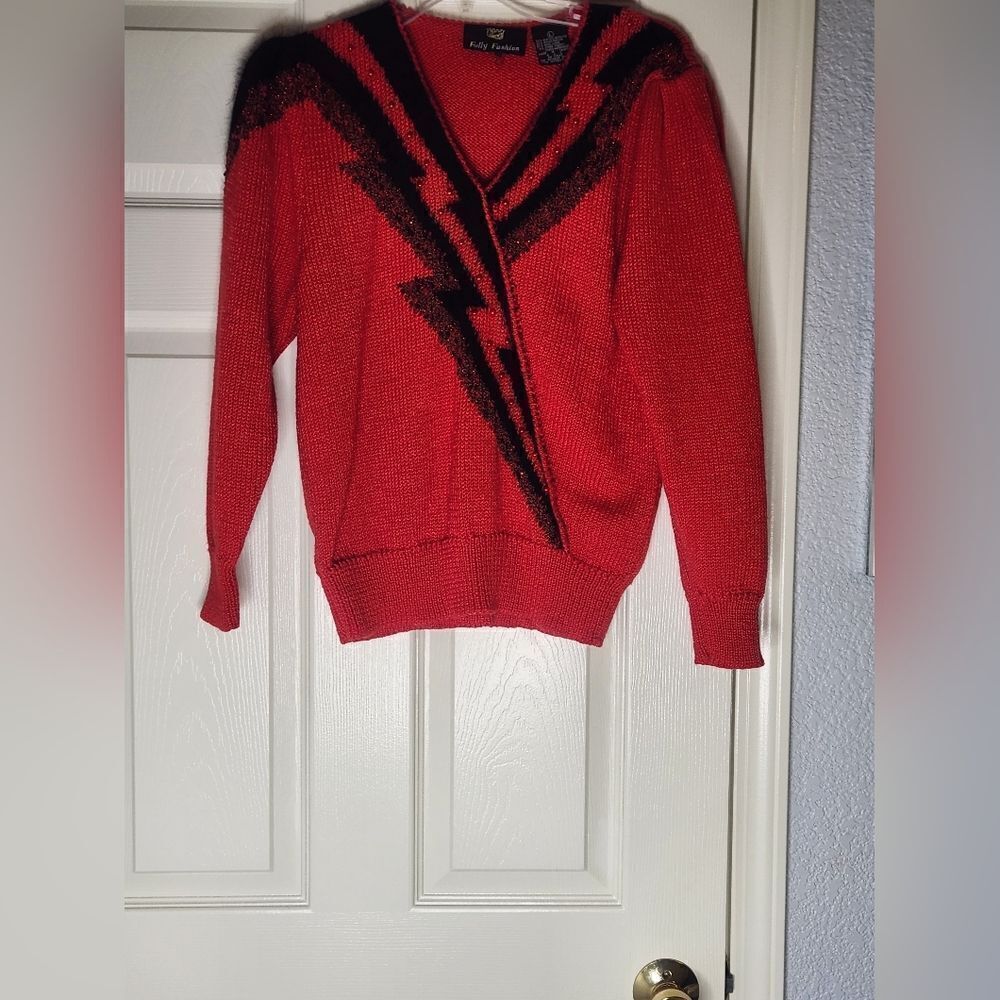 Fully Fashion L Red Beaded Embroidered Knit 3/4 Sleeve WOOL Blend Women Sweater
